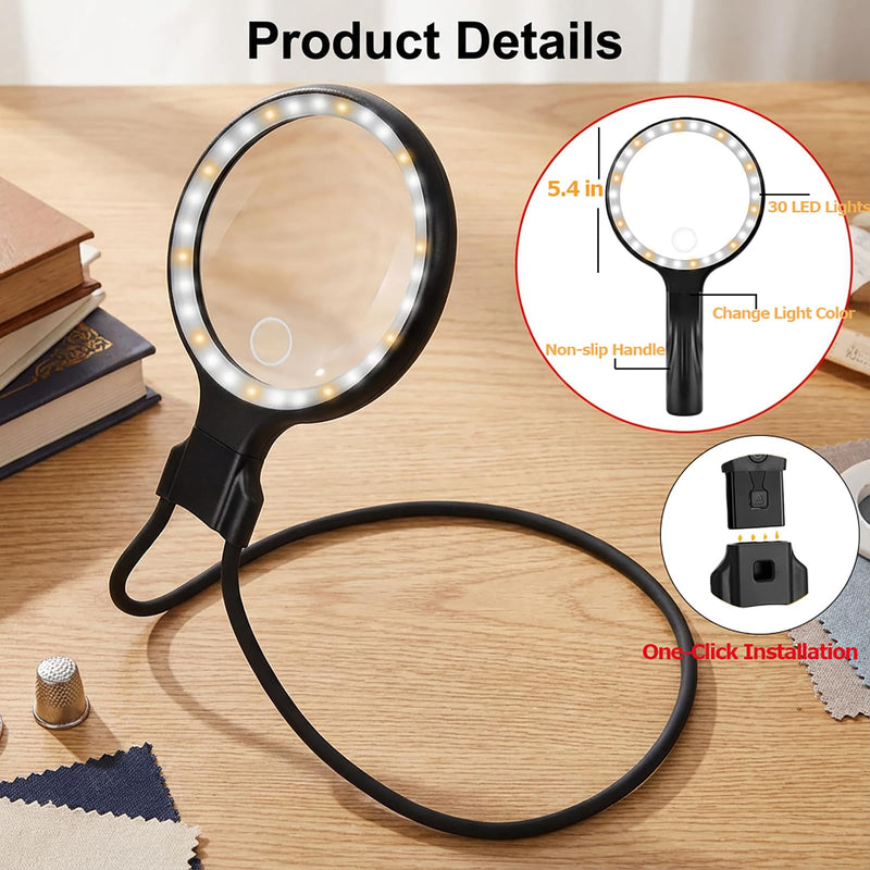 Magnifying Glass with Light - 5.4 in Hands Free Magnifying Glass for Reading, Lighted Magnifying Glass with 30 Led Lights, Flexible Gooseneck Magnifiers for Close Work Reading Sewing Senior