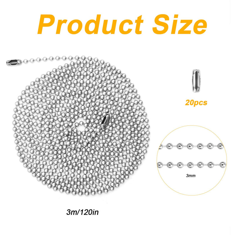 120 Inches Ceiling Fan Pull Chain, Metal Light Pull Chain Extension with 20 Connectors 3mm Bead Ball Chain Pulls Light Fixture Pull Chain DIY Crafts (Silver) Silver