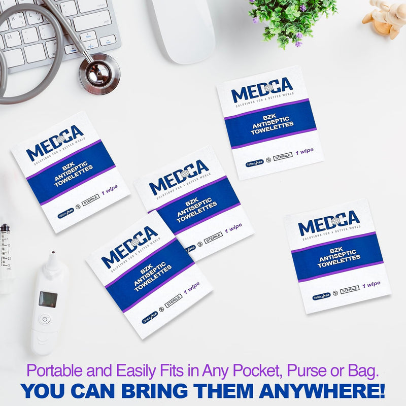 Hand Wipes – (Pack of 100) Benzalkonium Chloride Swabs Individual BZK Single-Use Packets by MEDca 100 Count (Pack of 1)