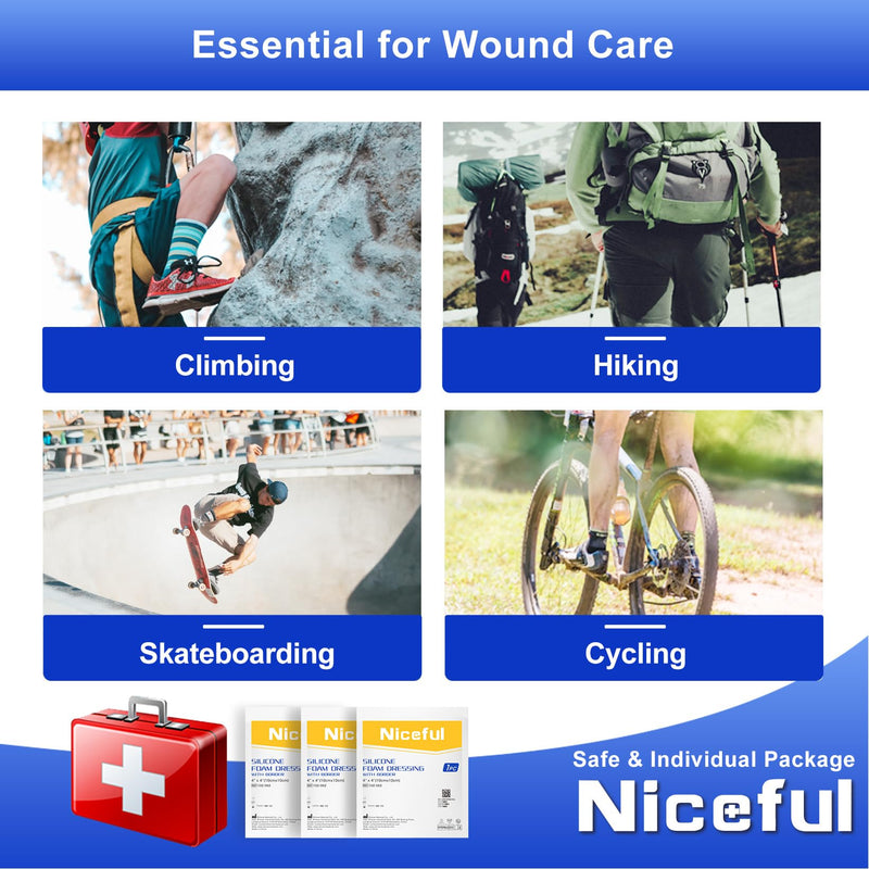 Silicone Foam Dressing 4"x4", Waterproof Silicone Bandages with Border Adhesive, High Absorbency Bed Sore Bandages Wound Care Dressing (2.5"X2.5" Pad), 5 Packs, FSA HSA Eligible 4x4 Inch (5 Pcs)