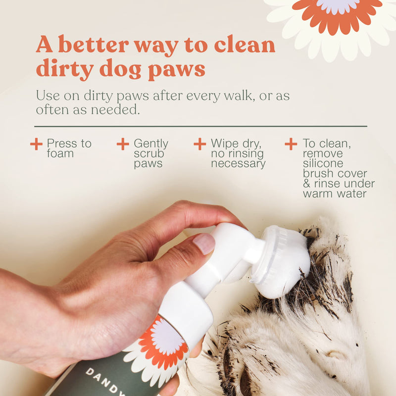 Dandylion Clean Paws | No-Rinse Puppy Paw Cleaner & Dog Paw Wash | Gentle, Fragrance-Free, pH Balanced Foaming Cleanser with Silicone Bristle Brush | Safe for All Dogs | 5 fl oz 5 Fl Oz Bottle with Brush