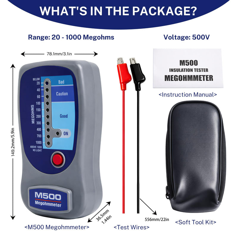 M500 Megohmmeter Portable Insulation Tester, with Soft Tool Kit | 500V, 20-1000 Megohms Range, for Compressors, HVAC & Electrical Equipment, High Precision Detection, Three-color Zone Display
