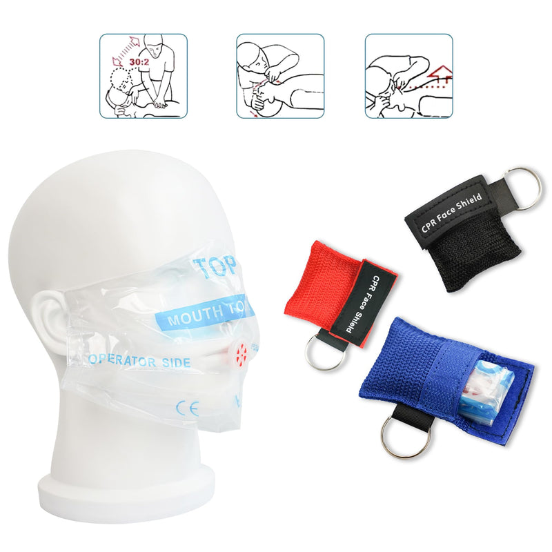 30 Counts CPR Pocket Mask Keychain, CPR Face Shield with One Way Valve Breathing Barrier for First Aid or CPR Training, AED Training(Three Colors)