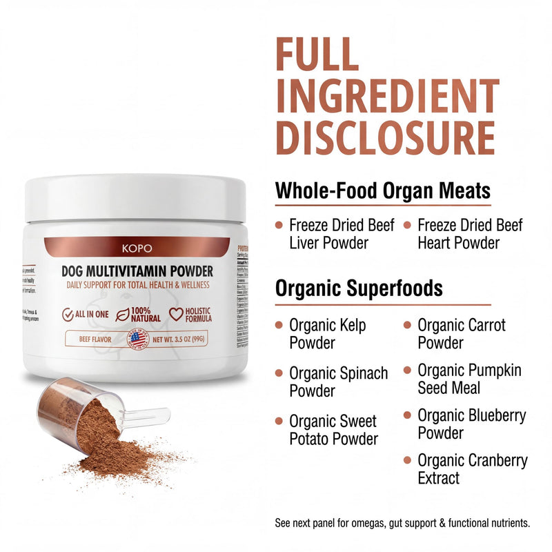 Kopo Dog Multivitamin Powder | Supports Heart, Daily Vitality, Immune Health, Digestion, Skin & Coat and Hip & Joint | for Puppy, Adult & Senior Dogs | Beef Liver Flavor | All Breeds Sizes