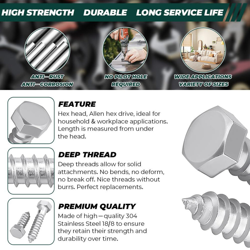 1/4 x 3 Hex Head Lag Screws Bolts with Flat Washers (10 Sets), 304 Stainless Steel 18/8, Partial Thread, Deck Screws, Heavy Duty Hex Head Wood Lag Screws, Fayeploo 1/4 x 3"