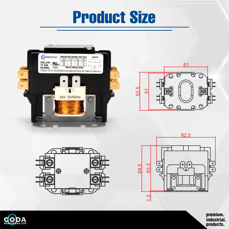 Cambridge 1-Pole 40A 24V AC Coil Definite Purpose Contactor for Air Conditioner Condenser Compressor