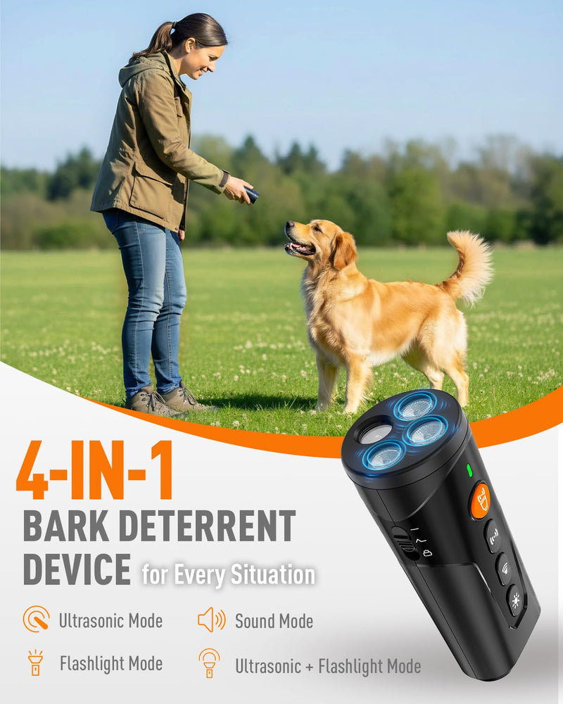 Dog Bark Deterrent Devices, 3X Ultrasonic Anti Barking Device for Dogs, 4 Modes with 3 Emitters and LED Light to Stop Neighbors Dog from Barking, Safe Use Dog Barking Silencer for Indoor Outdoor Black