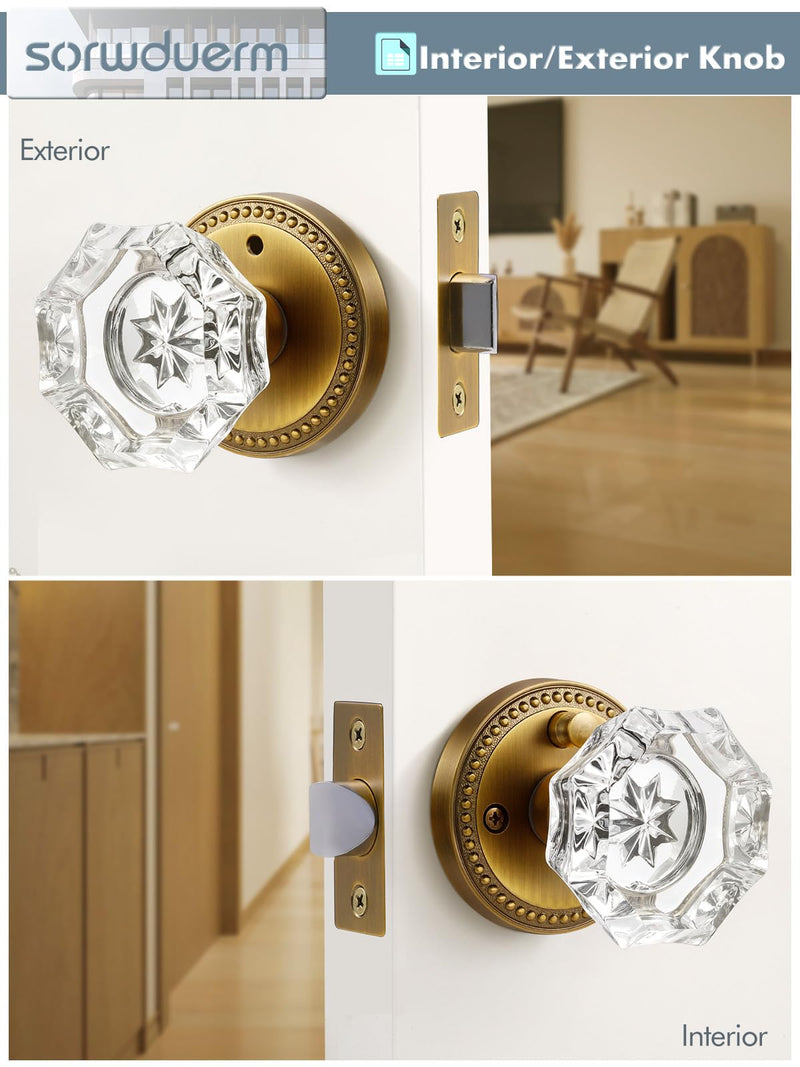 Antique Brass Door Knobs Crystal Door Knob Interior Privacy Door Knob for Bedroom and Bathroom Glass Door Knob,Zinc Alloy 1 Pack Antique Brass-Privacy