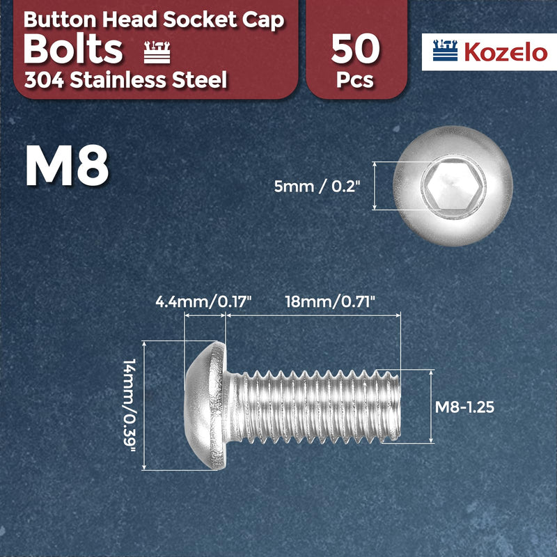 50pcs Button Head Socket Cap Screws - [M8-1.25x18mm] 18-8 Stainless Steel - Industrial Grade Corrosion Resistant for Kitchen, Bathroom, Outdoor Furniture & DIY Projects M8-1.25x18mm 50