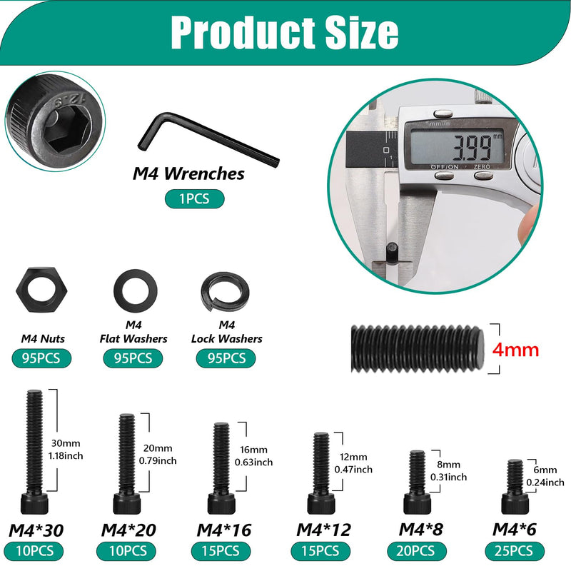 Taiss 380PCS M4 Screw Kit,Hex Socket Head Cap Screws Assortment with Nuts/Washers/Hex Wrench M4x6/8/12/16/20/30mm,12.9 Grade Alloy Steel Black Zinc Plated Small Metric Screws,M4 Bolts
