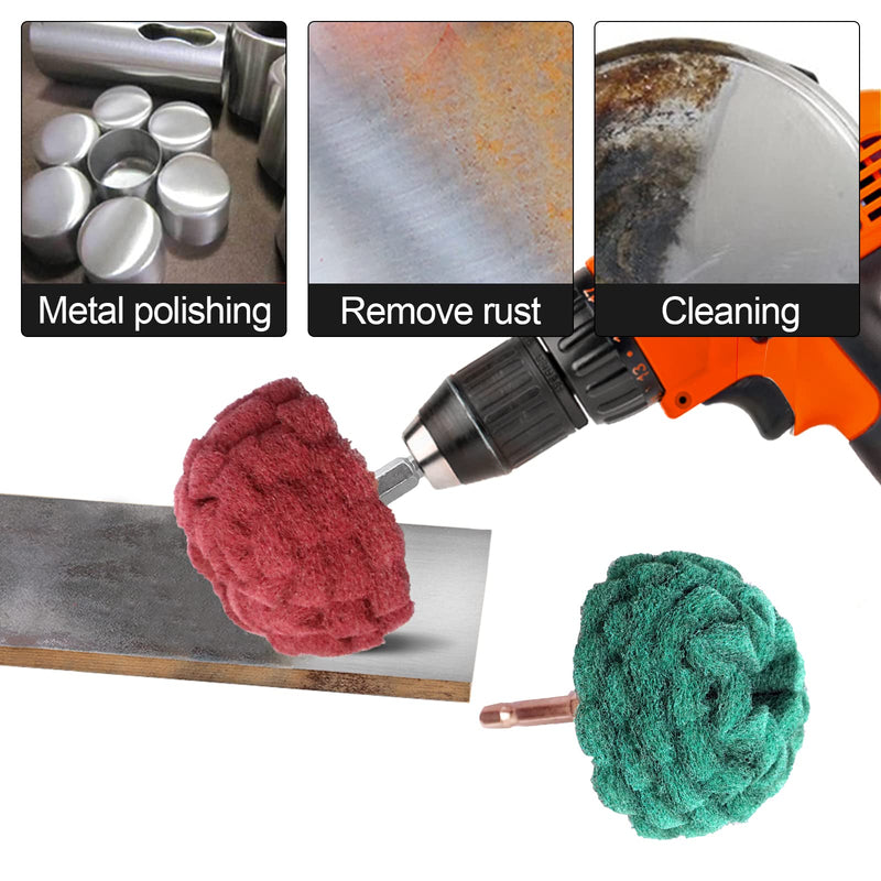 9PCS Scouring Pads Abrasive Buffing Polishing Wheel Drill Attachment Set, Non Woven Wheel Polishing Kit for Drill,Power Scrubber Drill Polishing Kit（Green red Gray 1/4” Shank