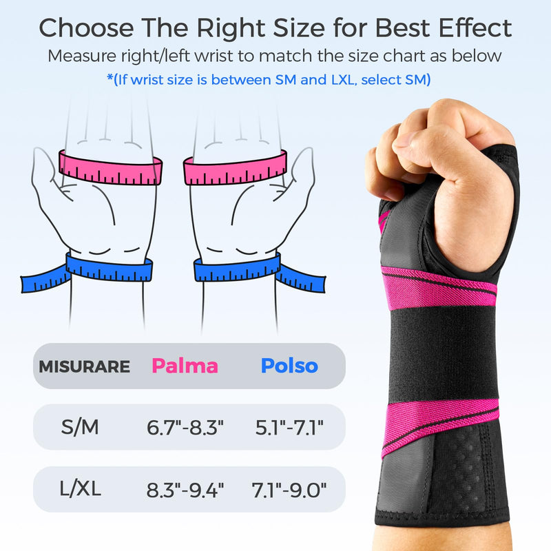 FREETOO Carpal Tunnel Wrist Brace Night Support Fit Right Hand for Work, Pain Relief Wrist Splint for Tendonitis, Sprain, Strain, Rigid Hand Brace for Arthritis for Women and Men (S/M, Black/Pink) Right-Rosa Pink/Black S/M