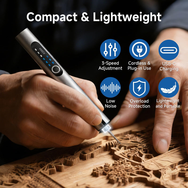 Cordless Electric Engraving Pen with 37 Bits, Portable USB-C Rechargeable Engraver Pen with LED Light - 3-Speed Precision DIY Etching Machine for Wood, Metal, Glass, Plastic, Jewelry & Craft