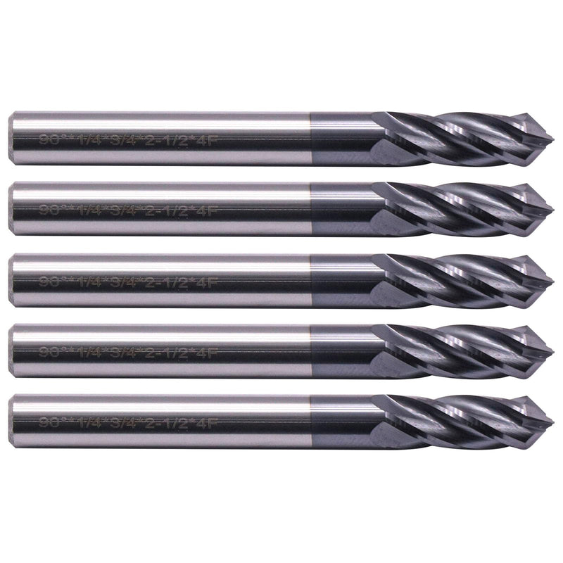 4 Flute 90° Solid Carbide Drill Mill Set(5Pc, 1/4"), AlTiN Coated | 90° Included Angle, 1/4" Cutting Dia, 1/4" Shank, 3/4" LOC, 2-1/2" OAL For Milling Alloy Steel, Carbon Steel, Iron, Copper 5Pcs 1/4"