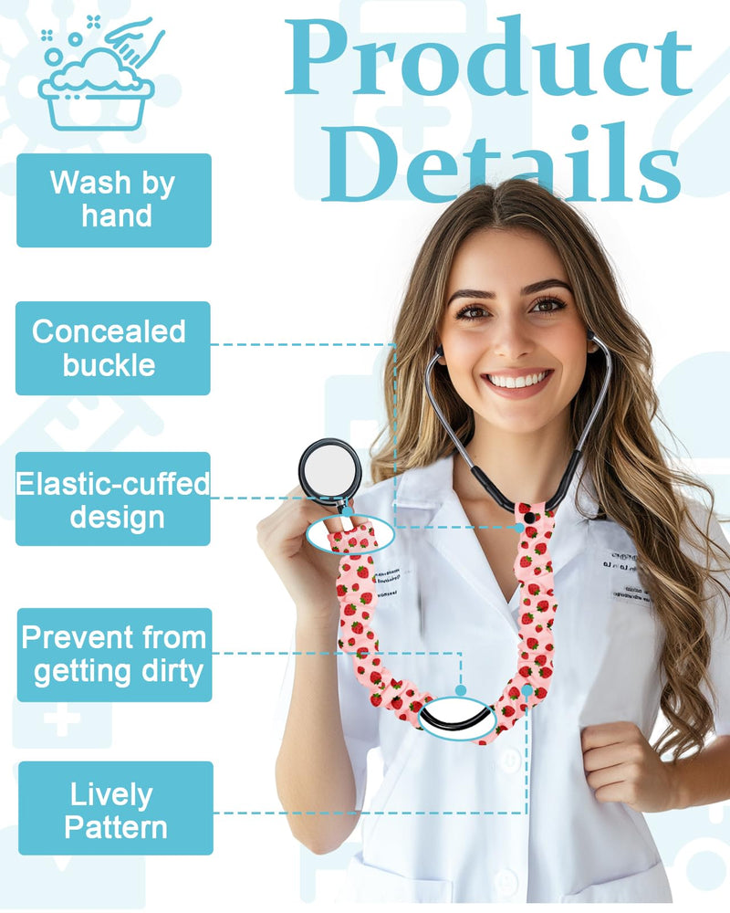 Plifal Elastic Stethoscope Cover Sleeve for Nurse Doctors Cuff Accessories - Cute Strawberry Pleated Design, Fits Most Dual-head Removable & Single-head Stethoscopes, Comes with Diaphragms & Earplugs pink