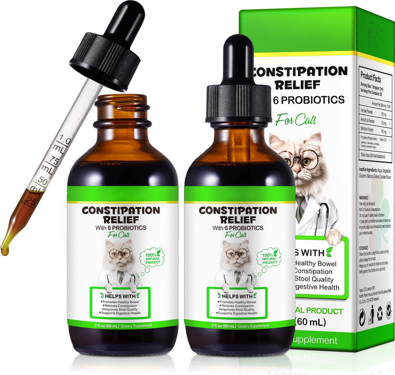 Cat Constipation Relief - Natural Laxative with 6 Probiotics Stool Softener, Digestive Support for Hairball Relief & Bowel Movement, Promotes Digestive Health, 2 fl oz (2 PCS) 2 PCS
