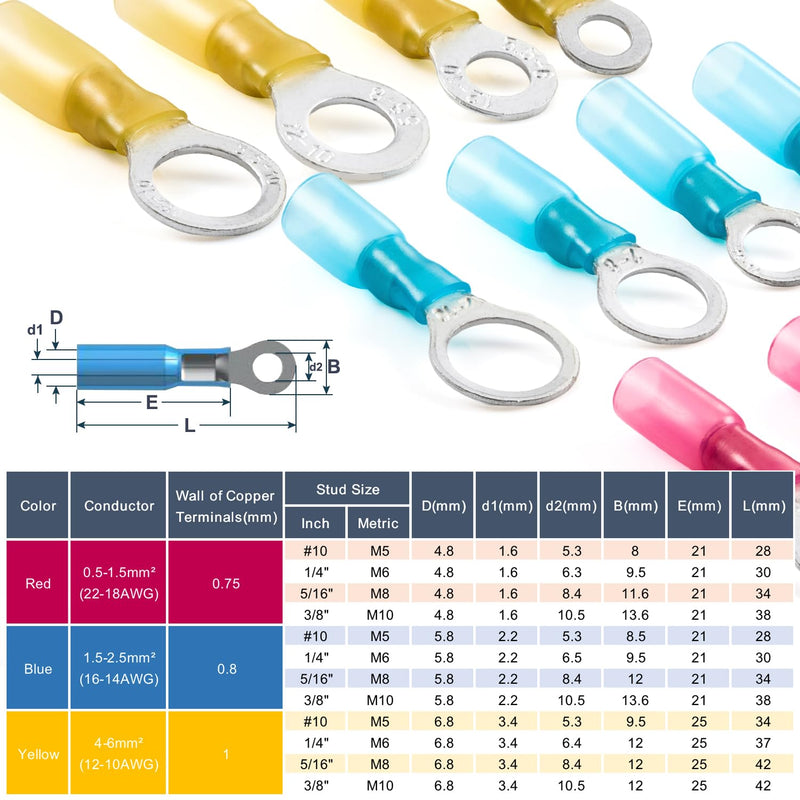 Chanzon Heat Shrink Ring Terminal 22-18, 16-14, 12-10AWG #10,1/4",5/16",3/8" Wire Connectors Kit Waterproof Marine Grade Adhesive Lined Gauge Electrical Crimp Assorted Boat Truck 1) 22-10AWG All Sizes Ring Connector