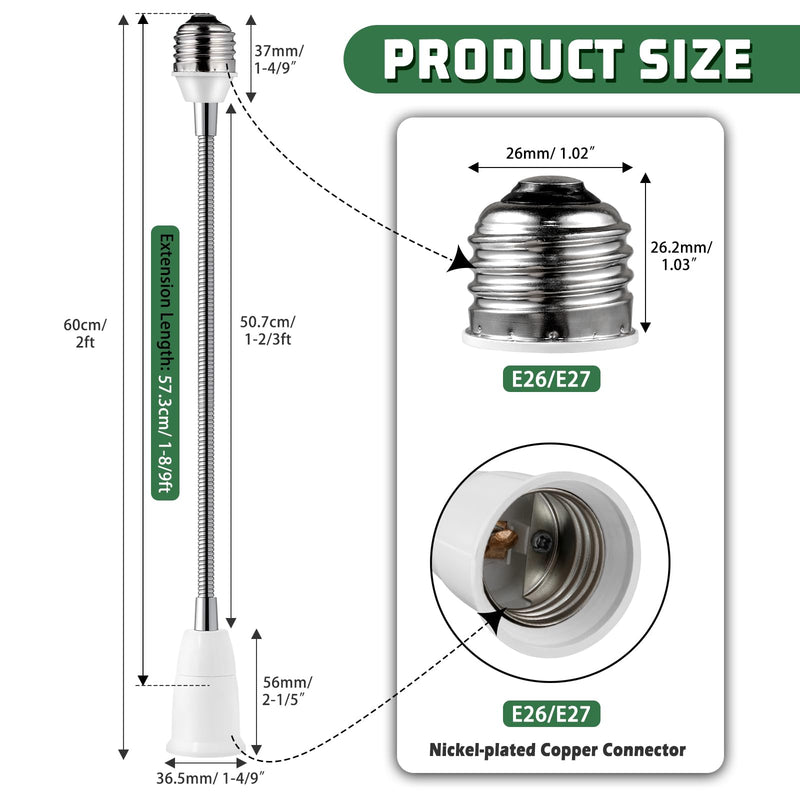 Light Socket Extender Adapter,Standard Bulb Screw Base 6inch 1ft 2ft Flexible Extension Adapter,Bendable Adjustable Extension Neck Grow Light Socket Stand 2 60cm(2ft)