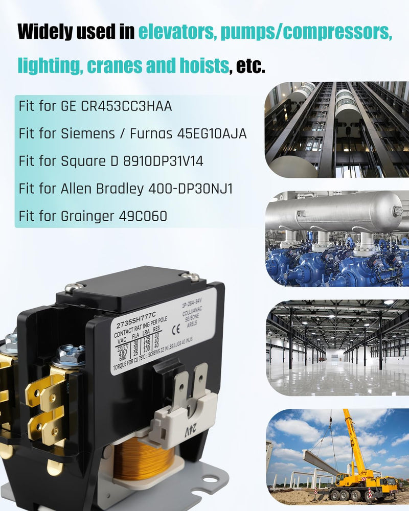 C25CNB130T Definite Purpose Contactor Fit for GE CR453CC3HAA Furnas 45EG10AJA Allen Bradley 400-DP30NJ1, Type C25 1 Pole, 30A 24V