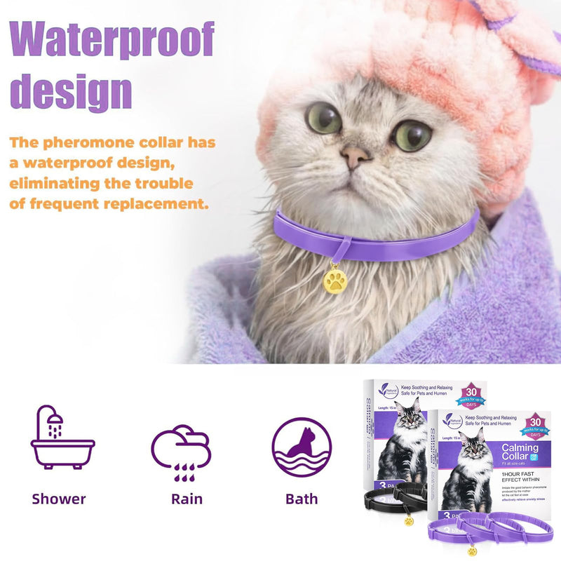 6 Pcs Calming Collar for Cats Adjustable Pheromones Relaxing 180-day Lasting Effect Cat Calming Collar with 2 Gold Pendant for Reduces Stress Anxiety, up to 15 Inches(Purple, Black)