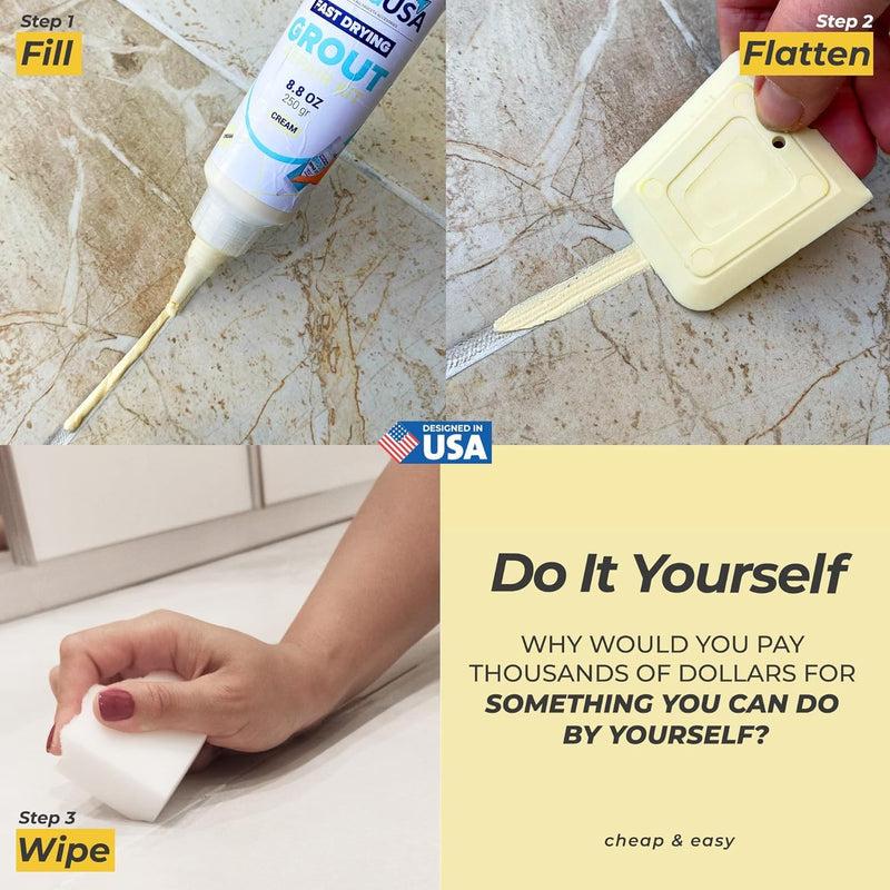 PentaUSA Tile Grout Repair Kit - Cream Grout Filler, Triple Protection, Fast Drying Formula Restores and Renews Grout Lines with Grout Float (Cream, 8.8oz / 250gr)