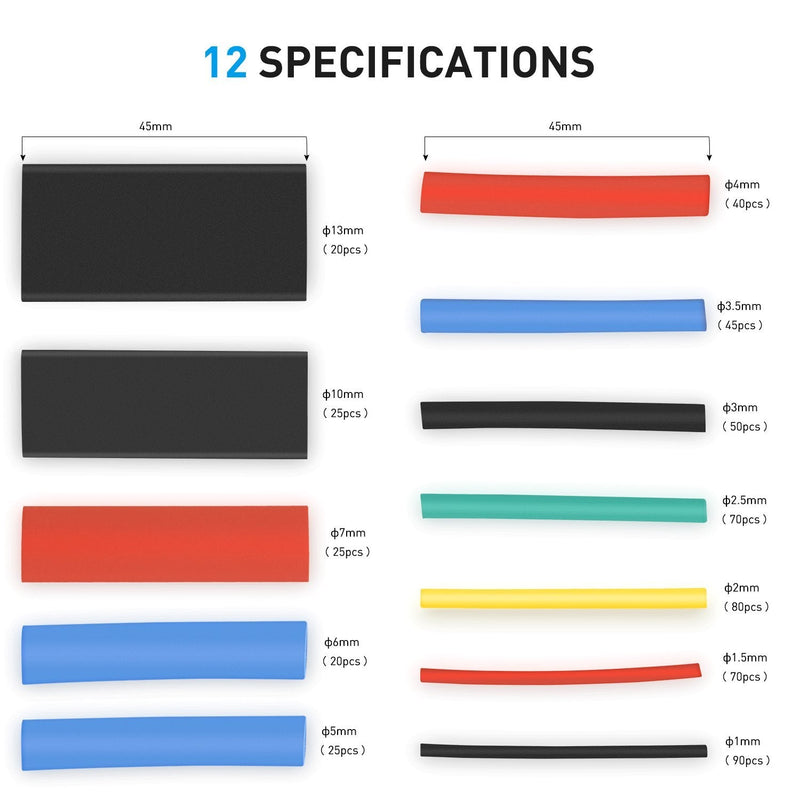 Nilight - 50005R Heat Shrink 2:1 Electric Insulation Tube Kit 45mm Flame Retardant Wrap Cable Sleeve 560pcs 5 Colors 12 Sizes with Storage Box，2 Years Warranty 560Pcs 2:1 Heat Shrink Tubing