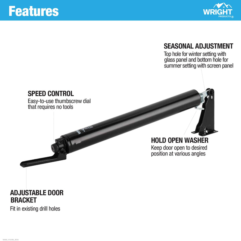 Wright Products Pneumatic Storm Door Closer & Push Button Latch Combo Kit – Adjustable, Smooth-Closing with Hold-Open Feature (Modern, Black) Modern
