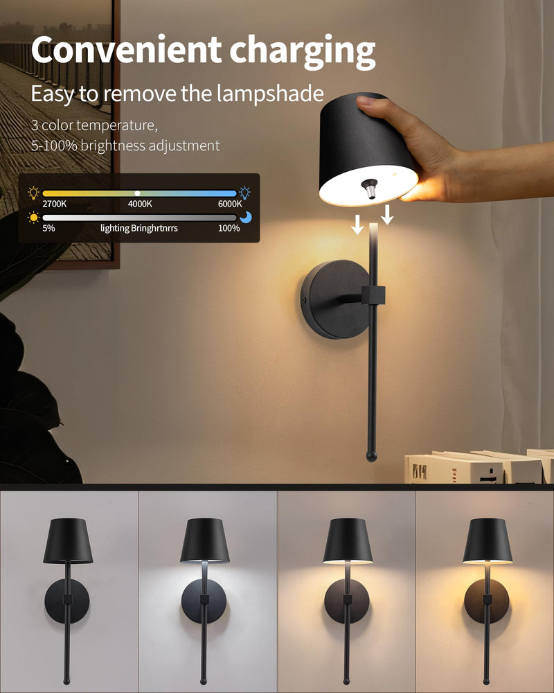 KDG Wireless Wall Sconces Set of 2, Small Cordless 5200mAh Rechargeable Battery LED Wall Lamps, Stepless Dimming Lightings for Wall Painting, Living Room, Bedroom, Hallway, Gifts, Night Light (Black) Black (2 Pack)