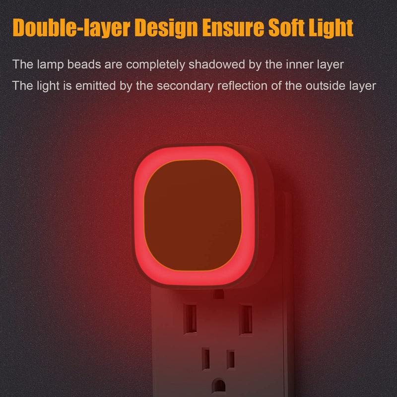 2 Pack Plug in Dimmable Red Night Light, Auto Dusk to Dawn Sensor, LED Night Light, Soft Glow, Diffused Light, Square Nightlight for Kids, Bathroom, Hallway, Bedroom, Kitchen, as Gifts
