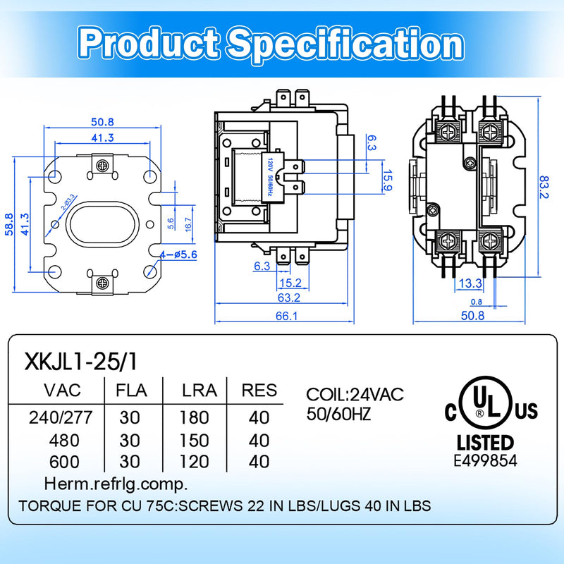 Carrier HVAC Motor Contactor, 1 Pole 24V Coil 30 Amp AC Contactor Furnace Replacement Relays, AC Definite Purpose Contactor Relays, Air Conditioner Condenser Compressor