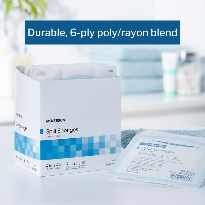 McKesson Split Sponges, 6-Ply Sterile, I.V. and Tracheostomy Dressings, Polyester/Rayon Blend, 4 in x 4 in, 2 Boxes, 25 Packs per Box, 2 per Pack, 100 Total