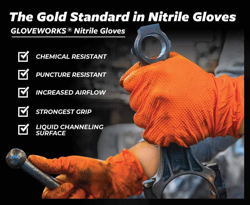 GLOVEWORKS HD Orange Nitrile Gloves, 8 mil Nitrile Disposable Gloves with Raised Diamond Texture, Mechanic Gloves Disposable X-Large (Pack of 100) Box of 100