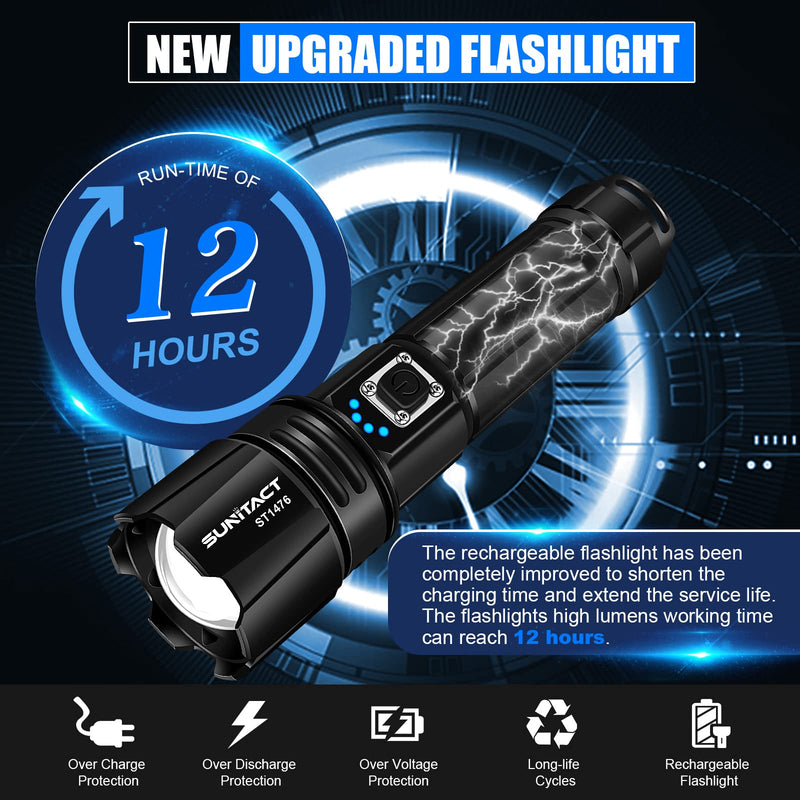 Flashlights High Lumens, Rechargeable Flashlight Led 990000 Lumen XHP70.2, Super Bright Flash Light, High Powered Handheld Flashlights for Emergency Camping Gift, IP67 Waterproof, Adjustable Black