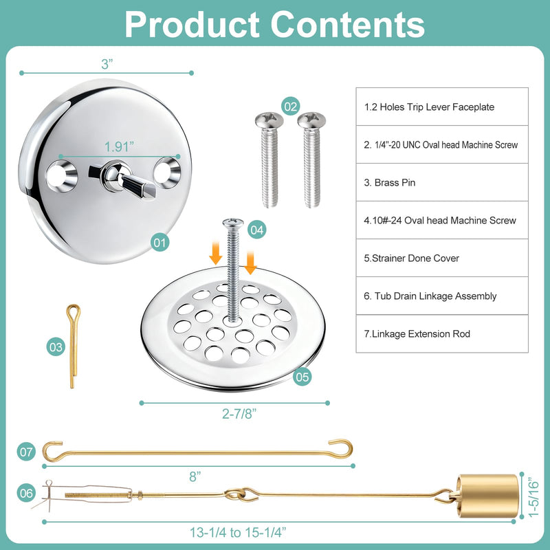 Bathtub Drain Linkage Replacement with Trip Lever Linkage and Faceplate, Strainer Cover, Tub Drain Kit for Trip Lever Bath Tub Waste and Overflow Drain, Chrome