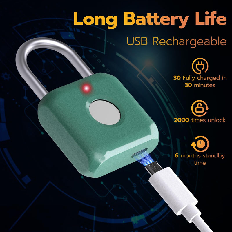 Pothunder Fingerprint Padlock, Smart Metal Keyless Fingerprint Lock, Waterproof, USB Rechargeable, for Gym, School, Luggage, Backpack, Suitcase, Green