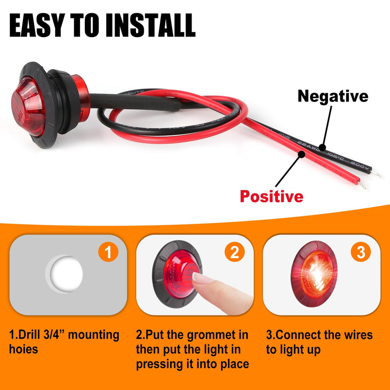 ALFU 10PCS Red 3/4" 12V LED Boat Interior Lights Marine Navigation Lights Clearance Marker Lights Round Bullet Side Indicator Lamps for Truck, Trailer, RV, Van, Boat, Bus, Caravan Red 10PCS