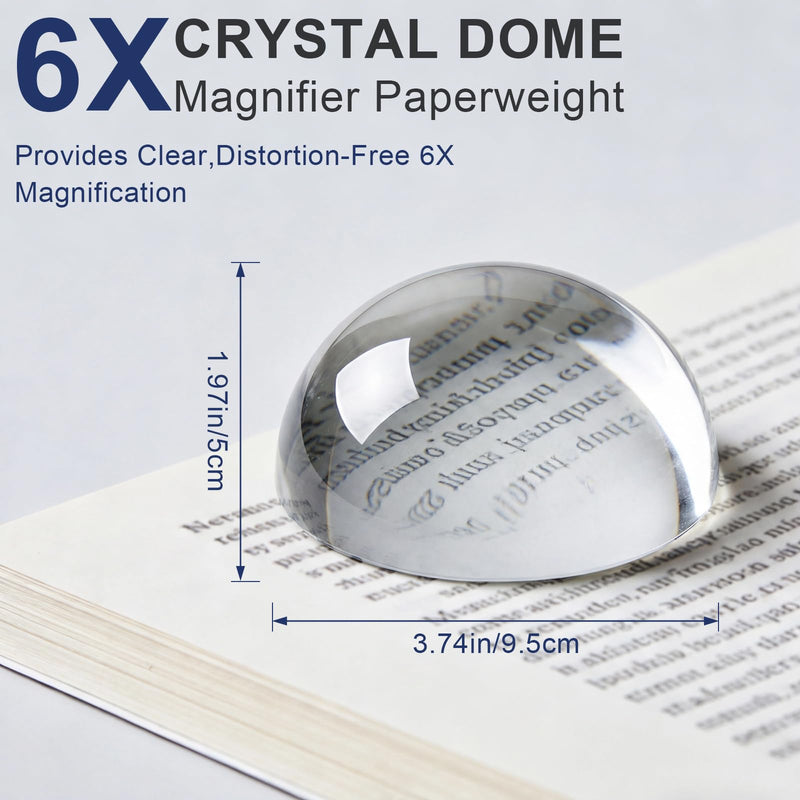 6X Crystal Dome Magnifier Paperweight, 3.8 Inch Large Dome Reading Magnifying Glass with Gift Box, Desktop Paperweight Magnifier for Books, Maps, Documents, Crafts & Seniors (3.8 Inch-Tall Version) 3.8 Inch-Tall Version