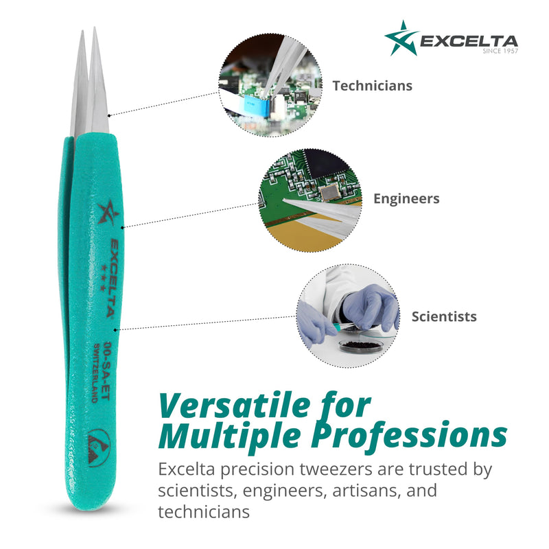 Excelta 00-SA-ET Stainless Steel Precision Tweezers, Straight Medium Point, Anti-Magnetic, ESD-Safe, Heat-Resistant, Anti-Static, Ergonomic, Professional-Grade for Lab, Electronics, Medical & Crafting 5" Straight Strong Point