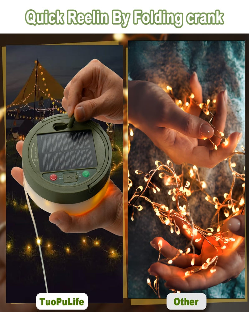 Solar Camping String Lights, 32.8 FT Fairy String Light, 4 in 1 Portable Waterproof Camp Lamp with 8 Lighting Modes, Hanging Rechargeable Tent Lantern for Christmas Decorations Patio Party Essentials