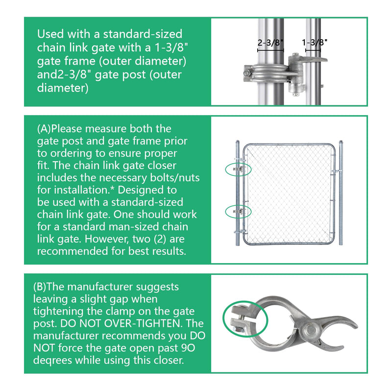 2-3/8" (2-1/2") x 1-3/8" Durable Chain Link Spring Loaded Gate Closer. Fence Lock gate Closer Outdoor (2-3/8" (2-1/2") x 1-3/8") - Please Carefully Review The Installation. 2-3/8" (2-1/2") x 1-3/8"