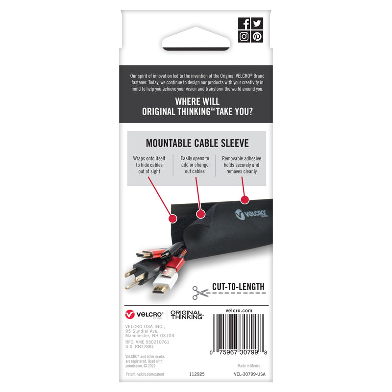VELCRO Brand Cord Hider Wire Covers For Wall, Desk, 3-Ft Cut to Length, Mountable Cable Sleeve with Removable Adhesive. Organize Messy Cables Behind TV or Electronics, Black VEL-30799-USA 36in - Cut to Length