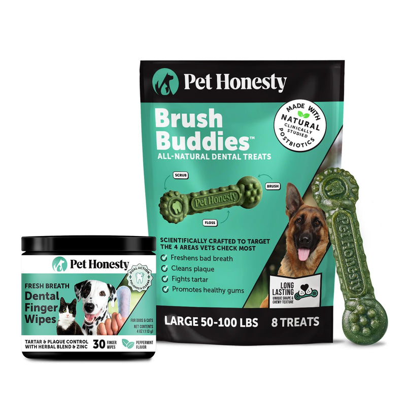 Pet Honesty Dog Dental Care Virtual Bundle – Dental Finger Wipes (30 Ct) + Brush Buddies Dental Sticks for Large Dogs (8 Ct) – Teeth Cleaning, Plaque & Breath Support
