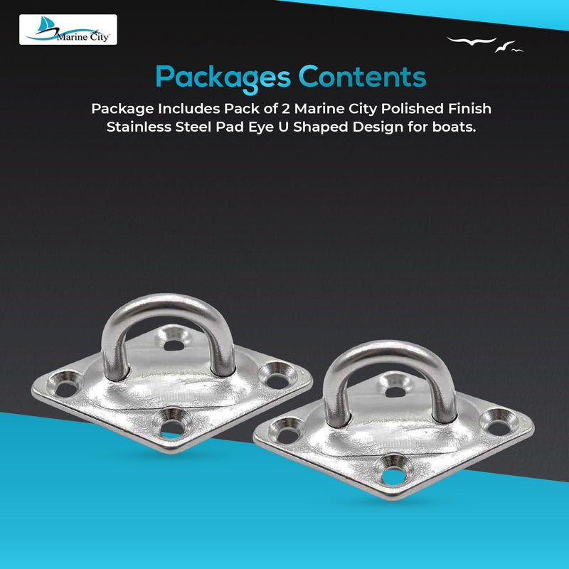 MARINE CITY U-Shaped Pad Eye, Polished Finish Stainless Steel, Durable, Corrosion-Resistant, Easy to Install for Marines, Boats, Ships, Kayaks, and Outdoor Use 2 PCS