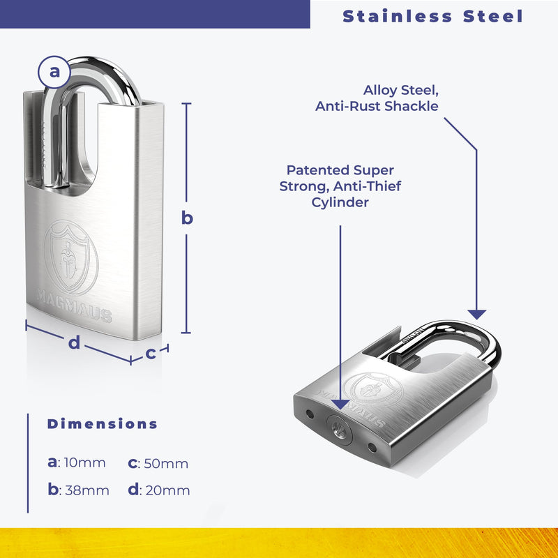 Magmaus® SDL/50 [Closed Shackle] Heavy Duty Lock with 3 Keys - [Stainless Steel] Weatherproof Padlock for Outdoor Use - Ideal for Storage Unit, Shipping Container, Gate (Pack of 2) 50 mm (Pack of 2)