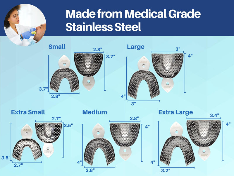 Dental Impression trays 10 Extra Small, Small, medium, large and extra large pairs stainless steel dentures orthodontics by Artman Instruments