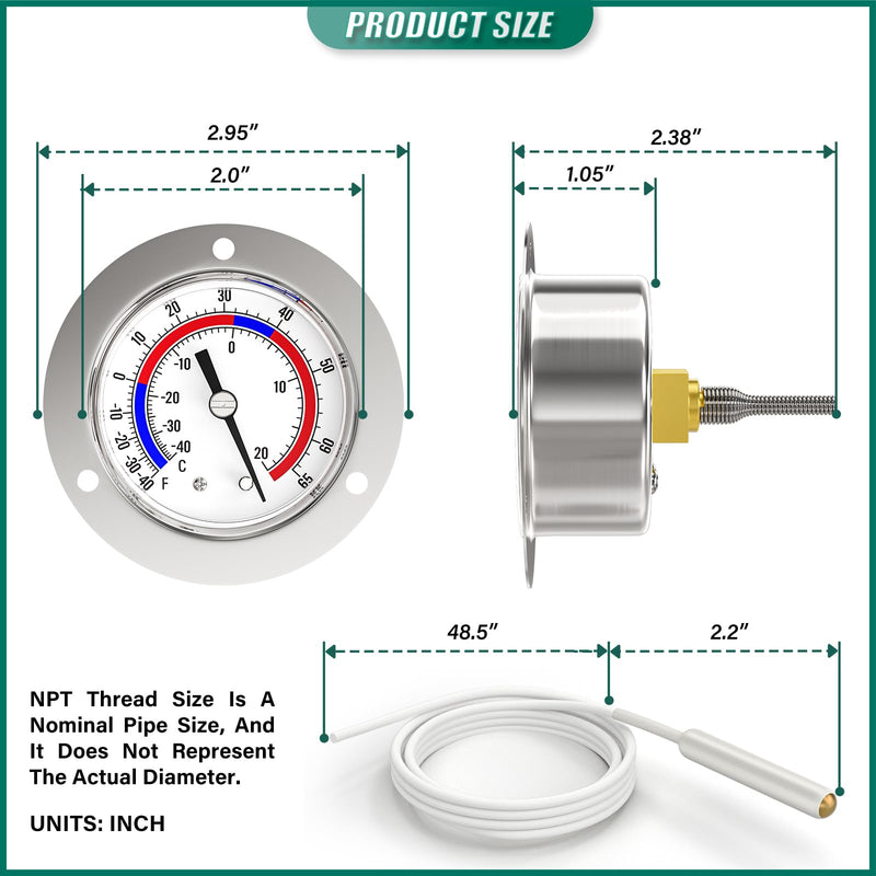 2PCS -40 to 65 ℉ / -40 to 20℃ Capillary Design Refrigeration Thermometer, Stainless Steel Flanged Panel Mount, 2" Dial Size, 48" Capillary Length, Cold Storage, Display Cabinet, Freezer