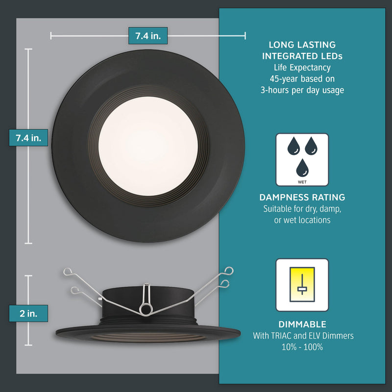 DESIGNERS FOUNTAIN Led Recessed Ceiling Light, 5/6 Inch 5CCT Downlight Metal Lighting Fixture, Dimmable, 1000 Lumens, 2700K/3000K/3500K/4000K/5000K, Bronze Baffle Trim, EVL61093T50BZ Bronze Baffle Retrofit Trim 5/6 inches