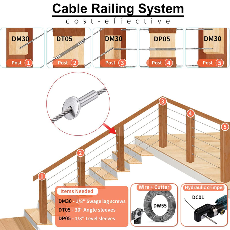 Steel DN Mate 80 Pack T316 Stainless Steel Cable Protector 30 Degree Angle Beveled Protector Sleeves, Protector Sleeve for 1/8 Cable Railing Hardware with a Drill Bit, Stair Railing Kit for Wood Post Silver