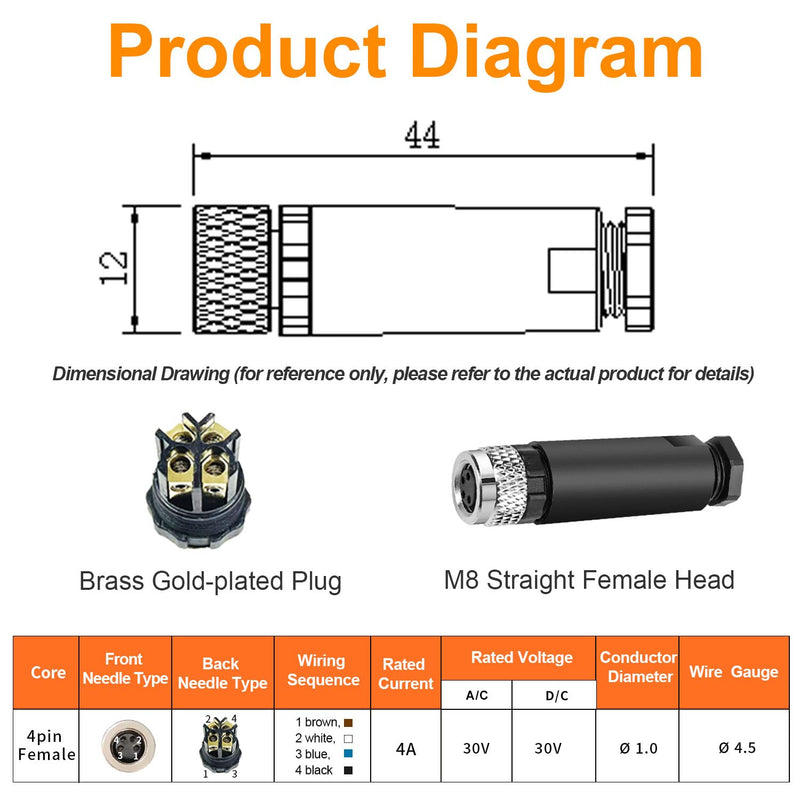 10Pcs M8 4-Pin Aviation Connector Female, Industrial A Coding Field Assembly Plug 8mm IP67 Waterproof for Circular Socket Panel Sensor M8-4Pin Female