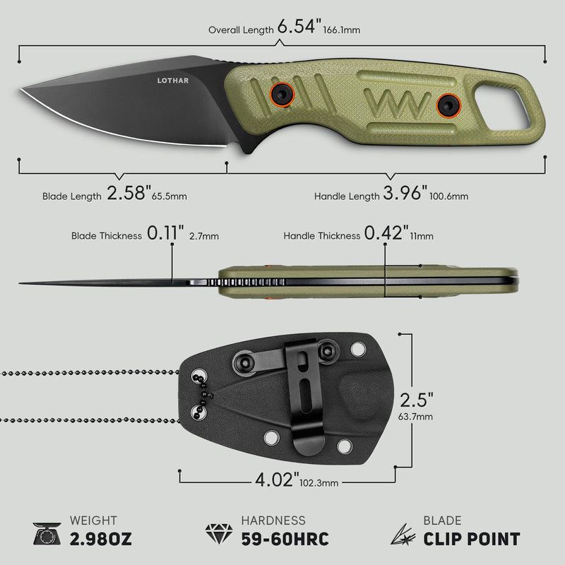 LOTHAR TURTLE Small Fixed Blade Knife, Horizontal Carry Knife | 2.75" 14C28N Steel EDC Neck Knife with Green G10 Handle & Kydex Sheath, Bushcraft Survival Hunting Knife, Gift for Men Women9